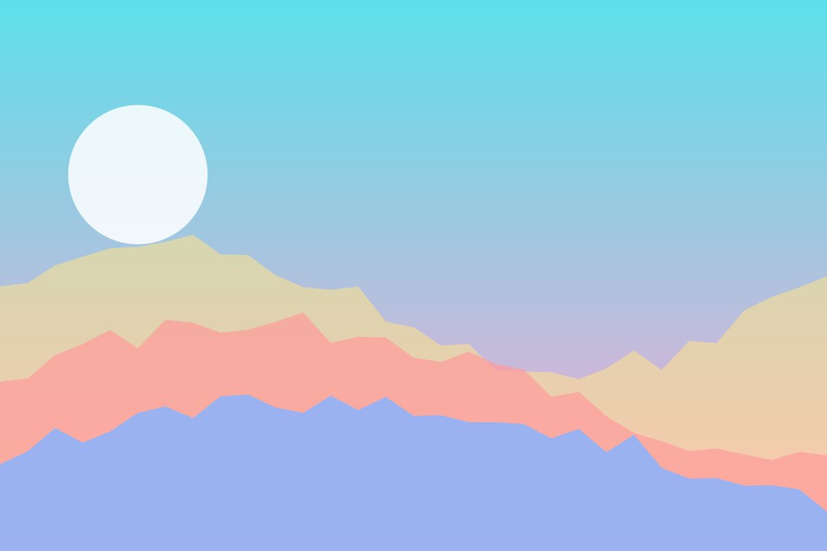 White sun over sky blue and pink mountains